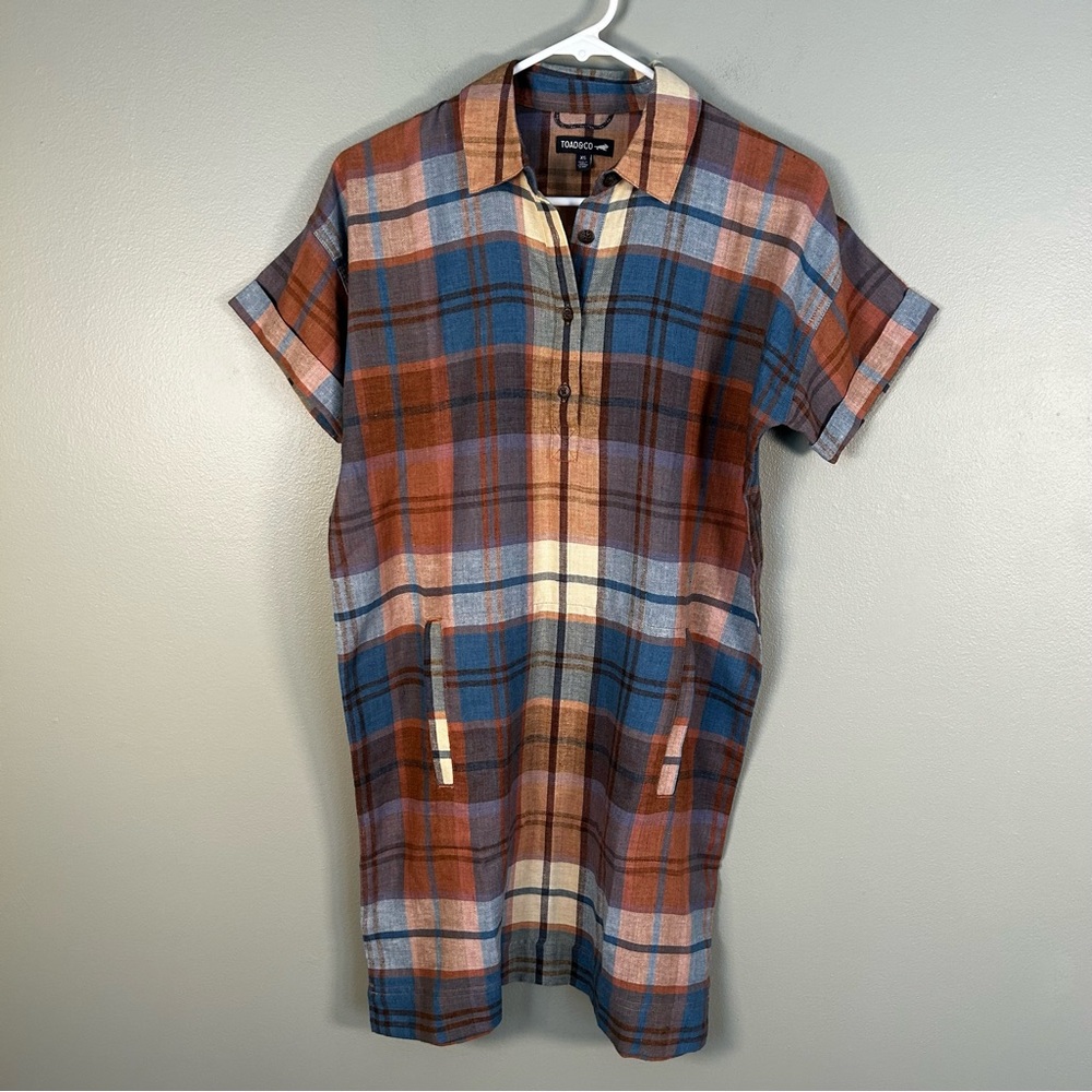 toad & co hartland dress plaid xs short sleeve orange‎ blue